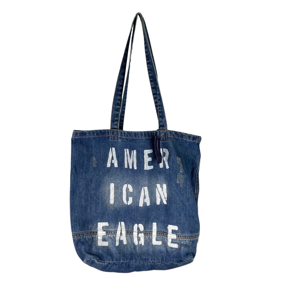 American Eagle Denim Tote Bag Distressed Logo New